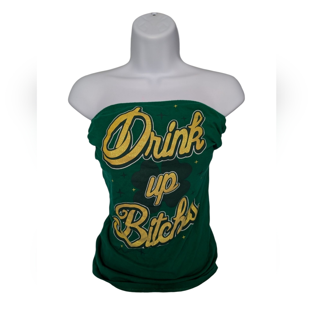 Spencer's Green Strapless Top with Gold Metallic Text